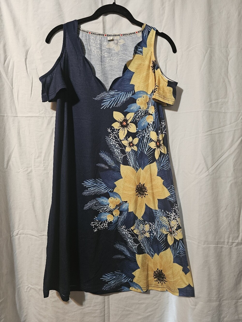 Navy Floral Cold-Shoulder Dress with Yellow Blooms S